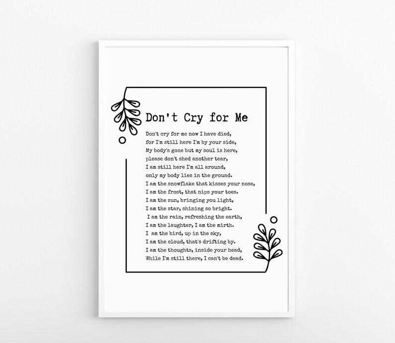 Don't Cry for Me Memorial Poem. Celebration of Life - Etsy