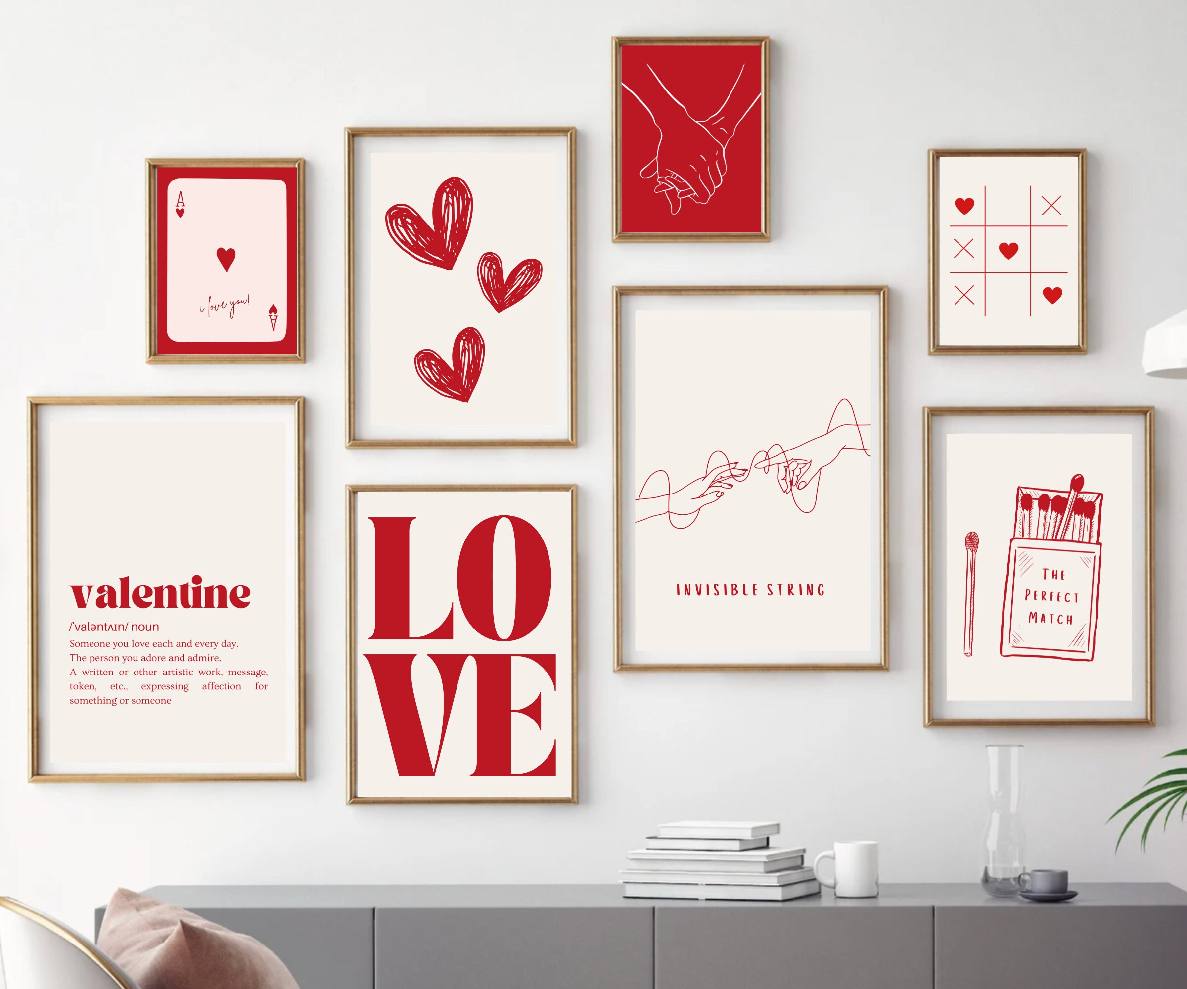 Gallery Wall Set of 18 Valentines Day Decor | Red Hearts Wall Art Print ...