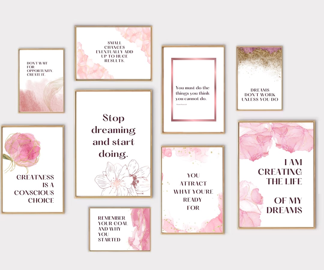 Home Office Set of 9 Prints, Pink Gold Office Wall Decor, Home Office