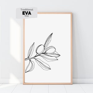 Minimalist Olive Branch Line Art Print | Neutral Botanical Wall Decor | Modern Kitchen or Dining Room Printable | Digital Download