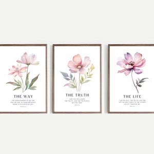 Christian Floral Set of 3, The Way, The Truth, The Life, Bible Verse Wall Print, Botanical Scripture, Christian Wall Art, Minimal Home Decor