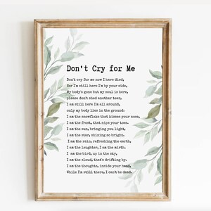 Don't Cry for Me Memorial Poem. Celebration of Life, Funeral ...