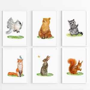 Woodland nursery prints, Animals wild, Set of 6 Prints, Woodland Nursery decor, Nursery wall art,Baby Animal prints for nursery, Digital