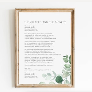 Printable Giraffe and the Monkey Poem | Wedding Present | DIGITAL DOWNLOAD | Anniversary Gift | Engagement Ideas | House Warming