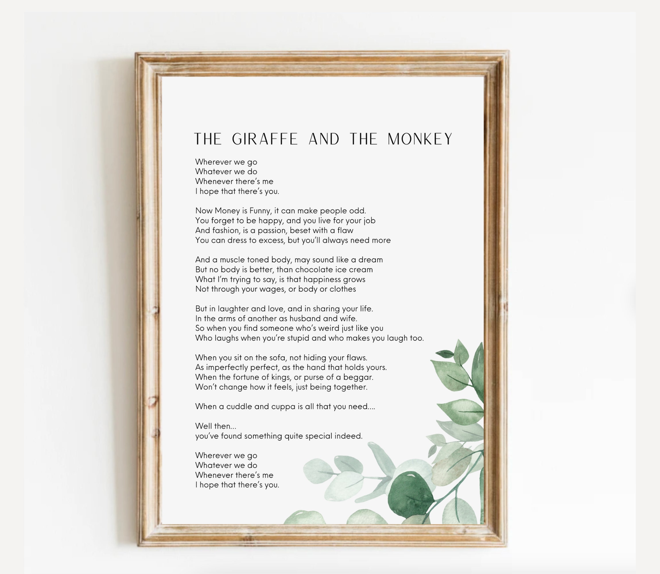 Printable Giraffe and the Monkey Poem Wedding Present