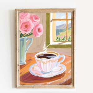 Wydruk kawy, ilustracja dziewczęca z motywem kawy w stylu vintage, sztuka ścienna w stylu retro, sztuka do pobrania, wystrój dla miłośników kawy, modny plakat w stylu retro