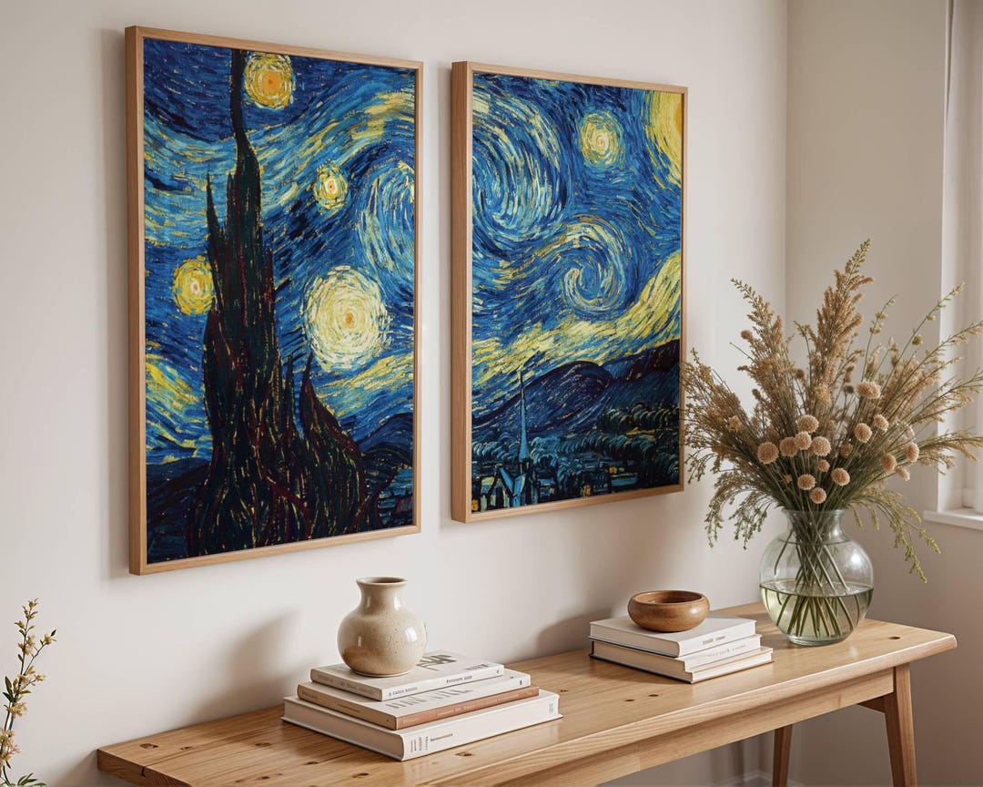 Starry Night by Vincent Van Gogh Set of 2 Printable Art Prints, Famous ...