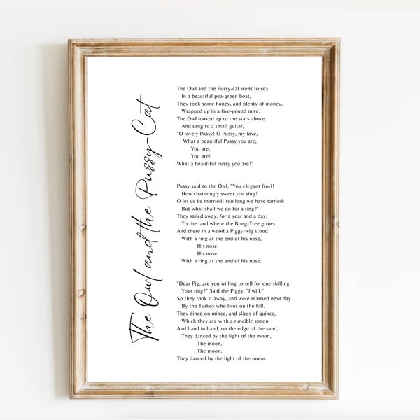 The Owl and the Pussycat by Edward Lear Poem | Wedding Present | DIGITAL DOWNLOAD | Anniversary Gift | Engagement Ideas | House Warming