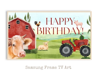 Arte de cumpleaños para TV con animales de granja en acuarela / Samsung Frame TV (Descarga digital)
