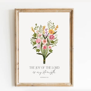 Joy of the Lord Scripture Wall Art, Bible Verse, Watercolor Floral, Christian Printable Wall Art, Printable Vintage Artwork, Christian Gift