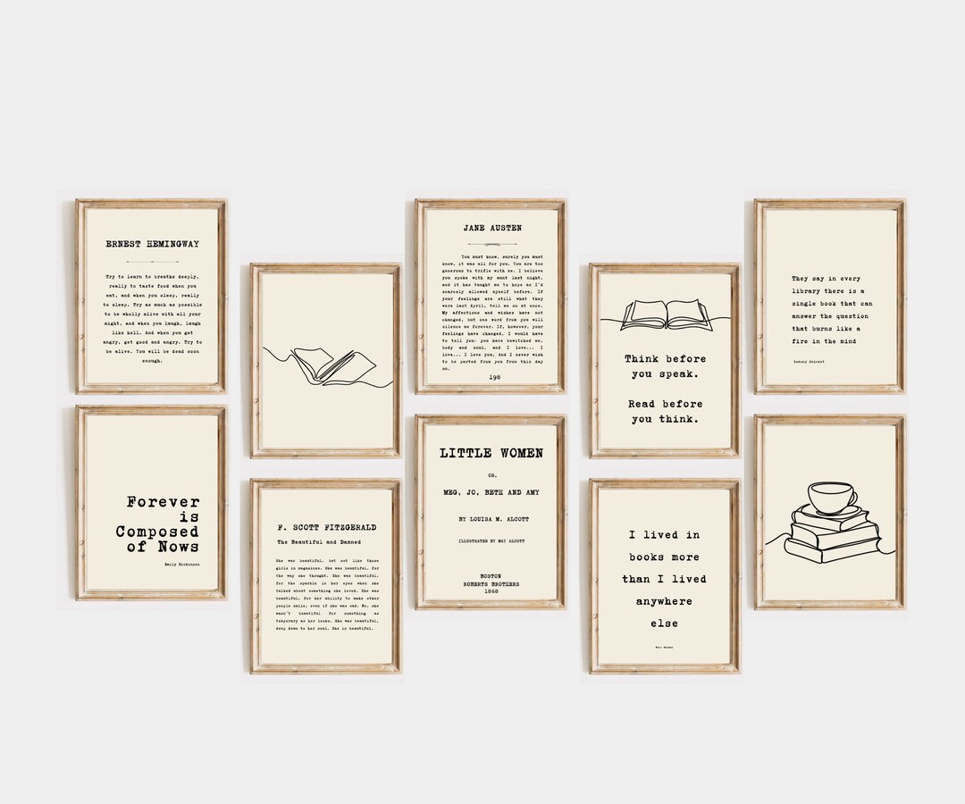 Gallery Wall Set of 10 Prints With Book Quotes, Bookworm Wall Art ...