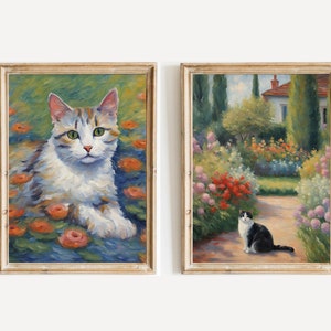 Monet inspirierte Katzendruck 2er Set, Monet Vintage Katzenmalerei, schwarze Katze Kunst, Blumendruck, lustige Katze, lustiges Geschenk, Wohnkultur Poster