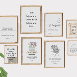 Set of 15 gallery wall set, Bookish Prints, Book Wall Art | Book Lover Gift | Gallery Wall | Library Decor | Minimalist Line Art, quote art