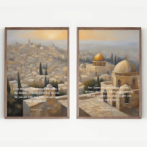 Christelijk Jeruzalem set van 2, Jeremia 29 11, bijbelvers muurposter set, Psalm 23 4, christelijke muurkunst, retro decor