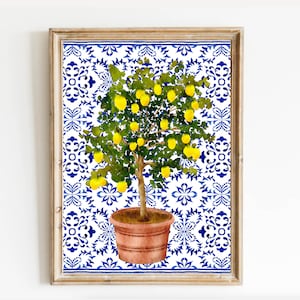 Yellow Lemon Tree Print, Moroccan Blue Tile Wall Art, Lemon Art, Italian kitchen wall art, greek wall art, Bedroom, Kitchen Decor