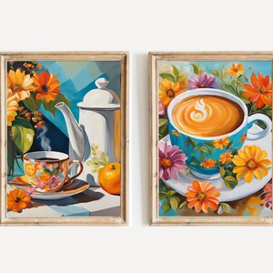 Coffee Gallery Wall Set of 2 Prints, Coffee Line Art, Coffee Bar Prints, Coffee Wall Art, wildflowers girly painting