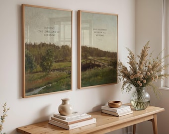 Christian Wall Art Set of 2, Psalm 34:4 KJV, I Sought the Lord Bible Verse, Cottage Core Landscape Painting, Scripture Home Decor