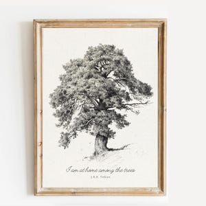 Cytat J.R.R. Tolkiena, Jestem w domu wśród drzew Wydruk, Prezent dla miłośnika przyrody, Przyrodnik, Stary dąb węgiel drzewny, Wydruki książek