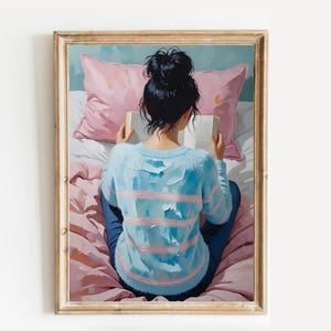 Girl Reading in Bed Art Print | Cozy Modern Wall Art | Cute Book Lover Bedroom Decor | Printable Reading Girl Illustration
