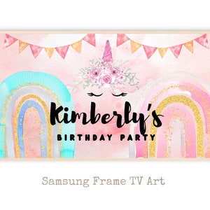 Samsung Frame TV Art | Custom pink unicorn party Happy Birthday Art with name | Frame TV Happy Birthday Art | girl birthday part decor