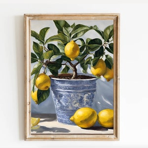Yellow Lemon Tree Print, Moroccan Blue Tile Wall Art, Lemon Art, Italian kitchen wall art, greek wall art, Bedroom, Kitchen Decor