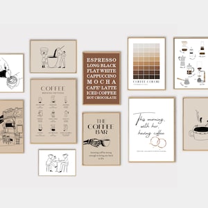 Coffee Gallery Wall Set of 15 Prints, Coffee Line Art, Coffee Bar Prints, Coffee Wall Art, Coffee Definition Print, Abstract Coffee Art,