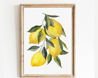 Lemon print, Kitchen Wall art, Lemon branch watercolour painting, citrus fruit print, Botanical Kitchen print, printable art, Kitchen Decor