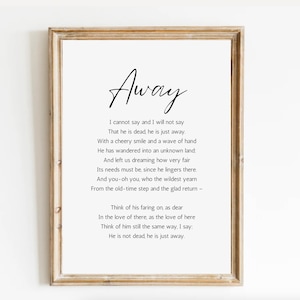Away / James Whitcomb Riley Poema imprimible, Descarga digital, Cita de duelo, Una carta del cielo, Mensajes de duelo, Regalo de simpatía