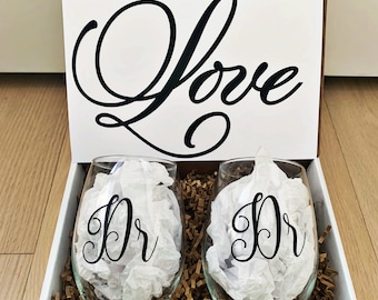 Dr and Dr Wine Glass Gift Box - Gift for the Bride - Engagement Wine Glass Gift Box - Engagement Gift for Couple - Custom Wine Glasses