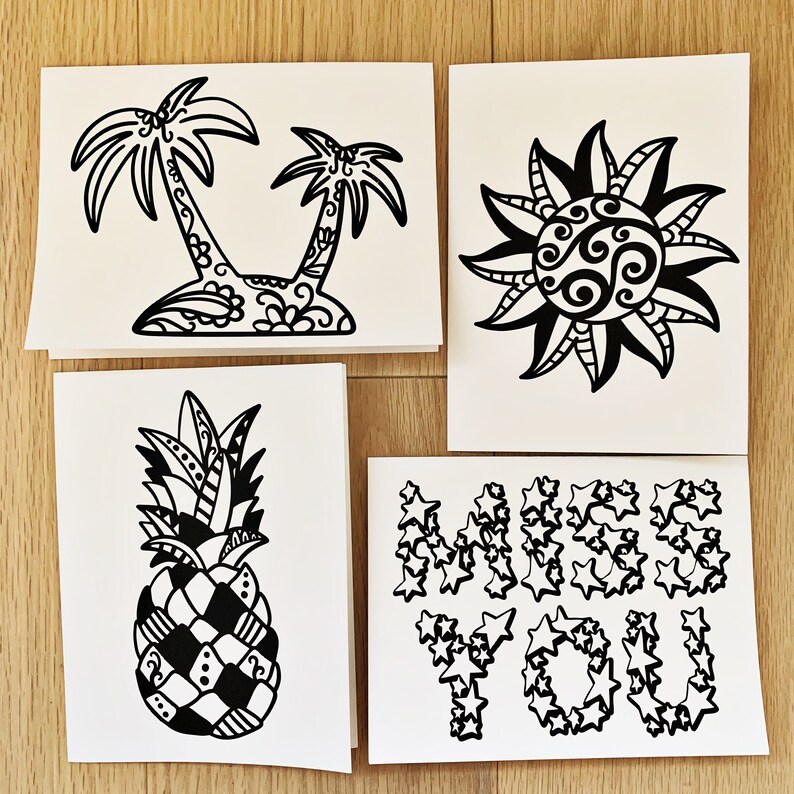 May include: Four black and white printable cards with different designs. The first card features two palm trees with a decorative base. The second card features a sun with a decorative center. The third card features a pineapple with a checkered pattern. The fourth card features the words "Miss You" spelled out with stars.