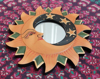 Handcrafed Fair Trade Sun and Moon Wall Mirror 15cm Wall Decor / Bedroom Decor / Home Decor / Boho Gift / Handmade / Celestial