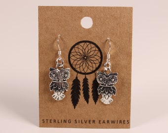 Owl Dangle Earrings with 925 Sterling Silver Earwires