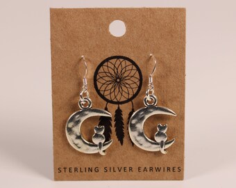 Cat on the Moon Drop Dangle Earrings with 925 Sterling Silver Earwires