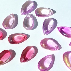Teardrop long Glass Charms/Beads, 1.5cm x 8mm, 10/20 or 30, in Pink, Purple, Red or Mixed, With a Gold Shimmer Coating, High Quality