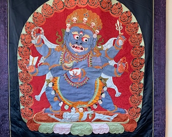 MAHAKALA APPLIQUE THANGKA | Mahakala Guardian Dharmapala Hand-Stitched Silk Applique Thangka Embroidery in 100% Silk Tibetan Brocade Frame