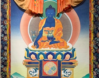 Großes MEDIZIN BUDDHA THANGKA | Wandgroßer, Original handbemalter Medizin Buddha Bhaishajyaguru Thangka im tibetischen Stil Seidenbrokatrahmen