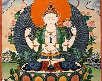 Avalokiteshvara Thangka (Four-Armed)| Chenrezig Thangka| Original Hand Painted in Nepal Tibetan Buddhist Avalokiteshvara Thangka