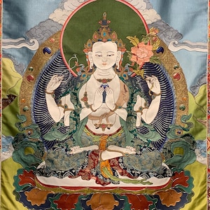 AVALOKITESHVARA APPLIQUE THANGKA | Masterwork Tibetan Hand Stitched Silk Applique Embroidery Chenrezig Thangka in Brocade Frame