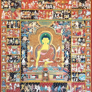 LIFE OF BUDDHA Vintage Masterwork Thangka | Two-Sided Painting with Stupa on Reverse | Hand Painted Original, Mineral Pigments, 24K Gold