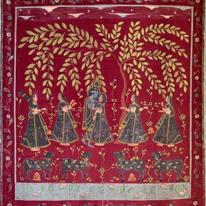 VINTAGE PICHWAI Krishna and Radha Meet in the Forest; mid 20th century, Original Indian Folk Art Painting Textile