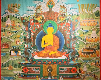 LIFE of BUDDHA THANKGA 2: After His Enlightenment | Large Vintage Buddha Temple Thangka by Amdo Jamyang Losal of Mussoorie