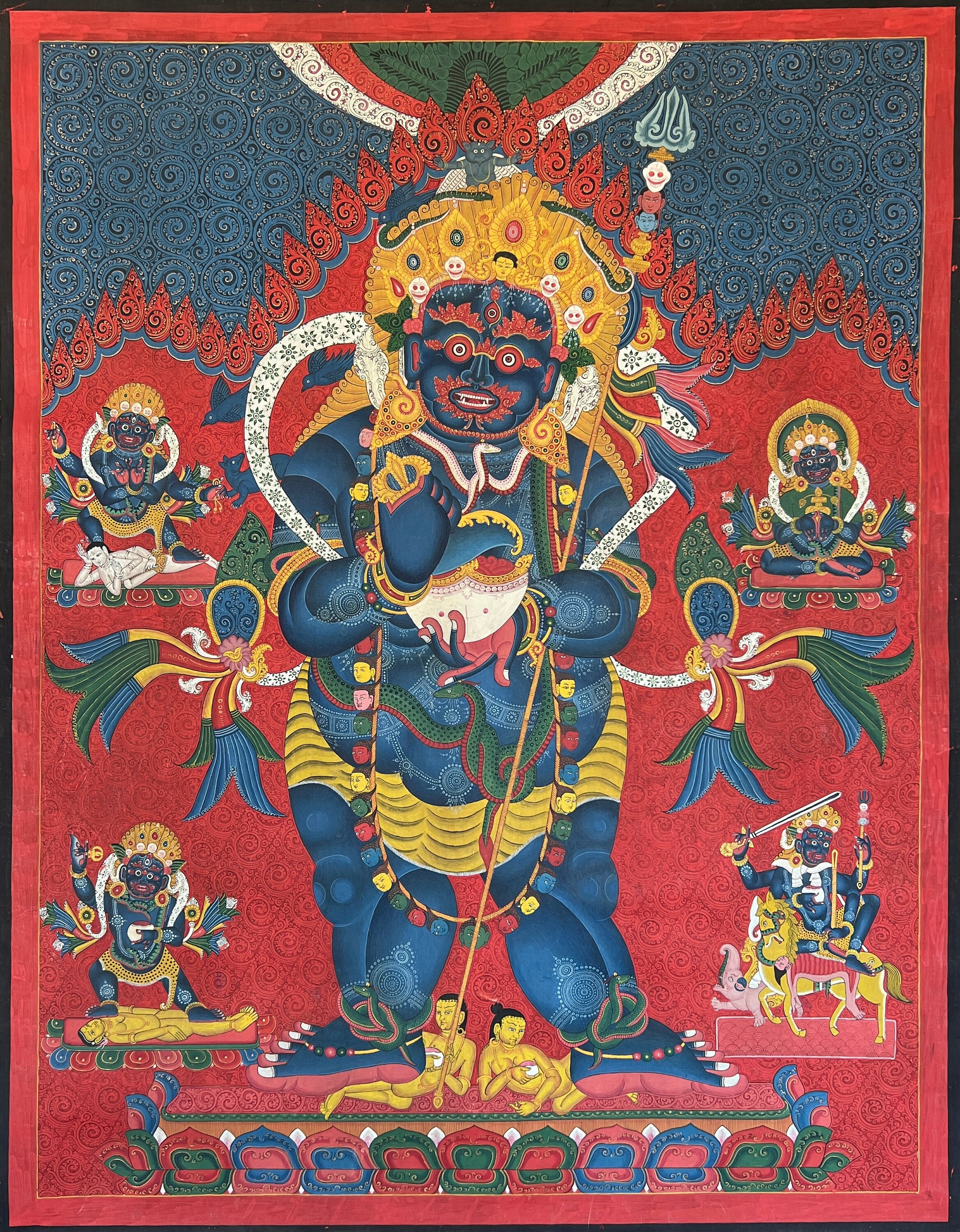 ヴィンテージ マハーカラ タンカ: ネワール チベット仏教の守護絵画