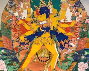 Large Kalachakra & Vishvamata Masterwork Thangka | c.1990 Kathmandu Atelier | Hand-Painted with Heavy 24K Gold | 85.5 Inches Tall