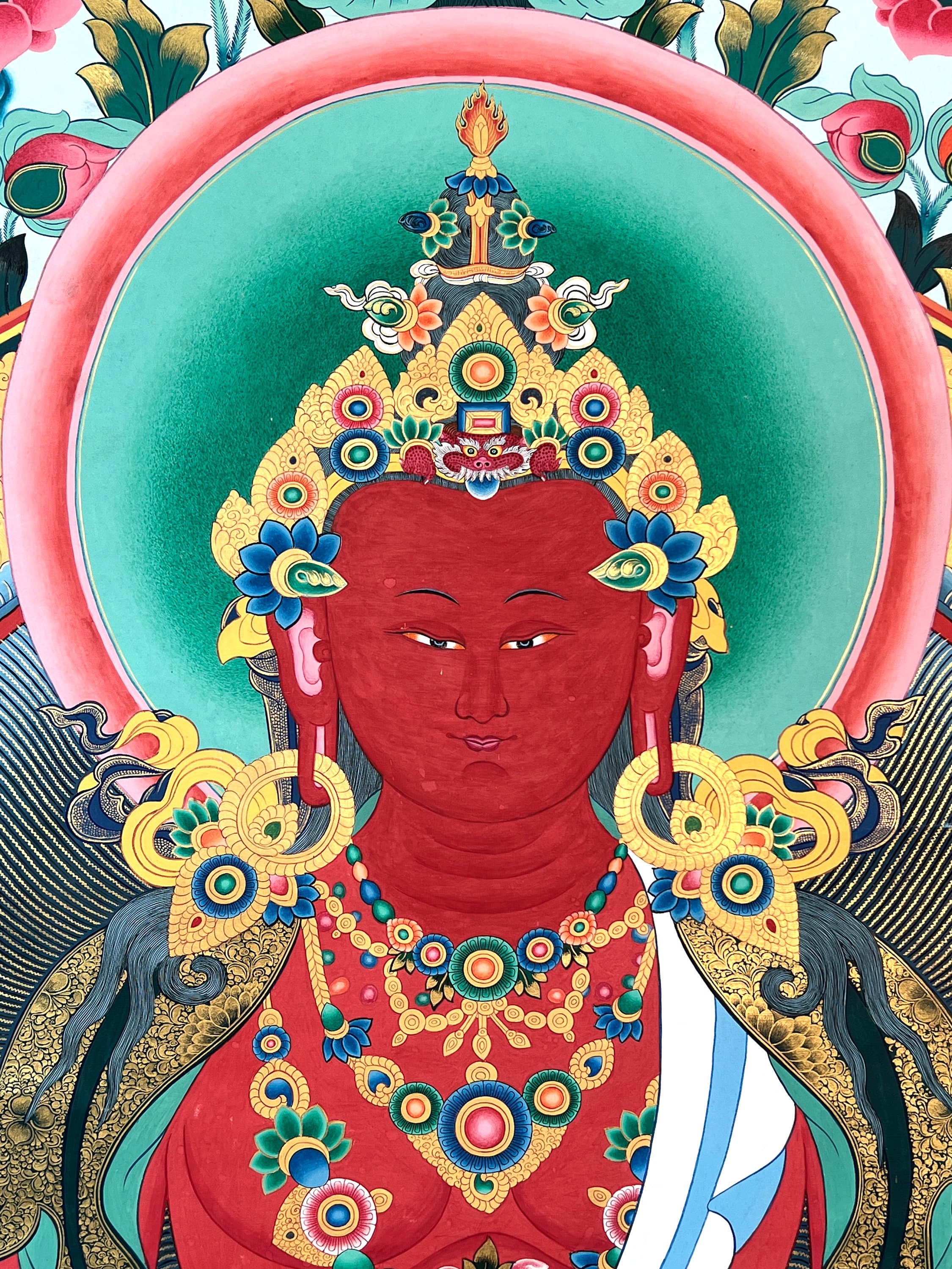 ヴィンテージの阿弥陀如来タンカ：手描きのチベット美術（112 x 170 cm