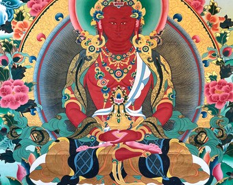 ヴィンテージの阿弥陀如来タンカ：手描きのチベット美術（112 x 170 cm