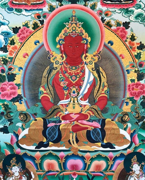 ヴィンテージの阿弥陀如来タンカ：手描きのチベット美術（112 x 170 cm