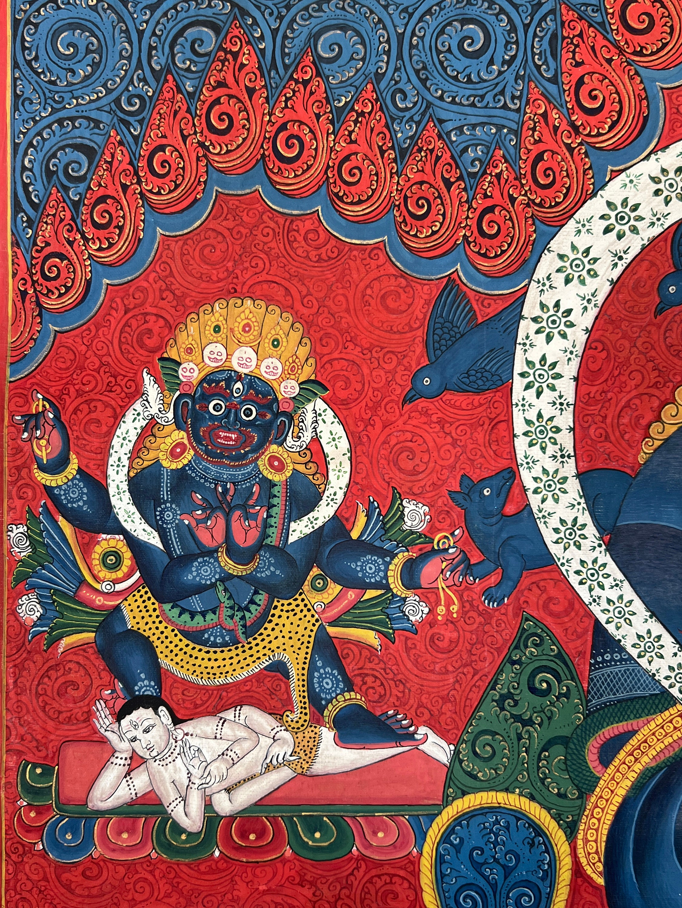 ヴィンテージ マハーカラ タンカ: ネワール チベット仏教の守護絵画