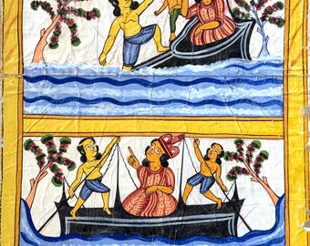 Original 19th Century Kalighat Painting | Narrative River Scene | Antique Bengal Indian Folk Art