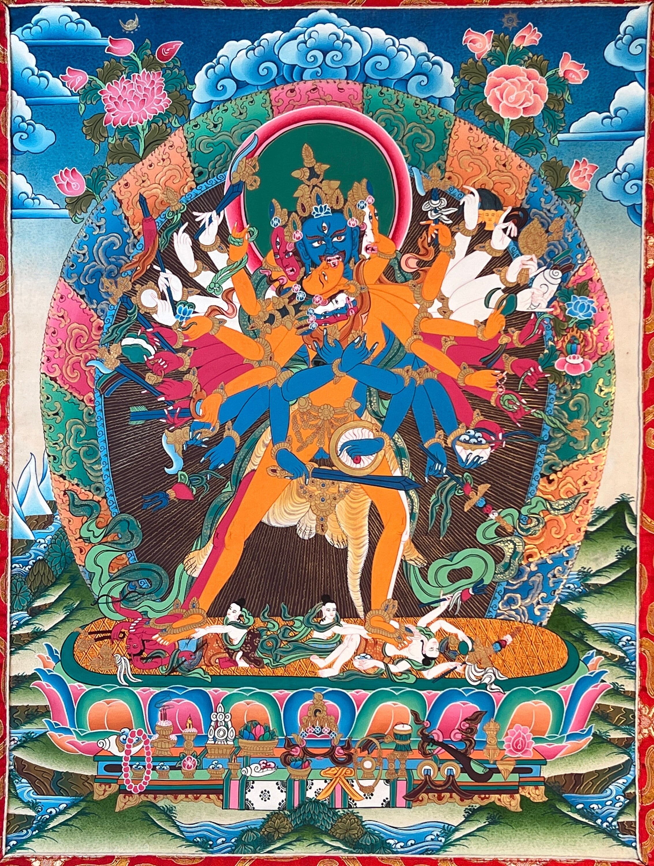 Kalachakra Thangka Painting With Brocade Frame: Tibetan Buddhist