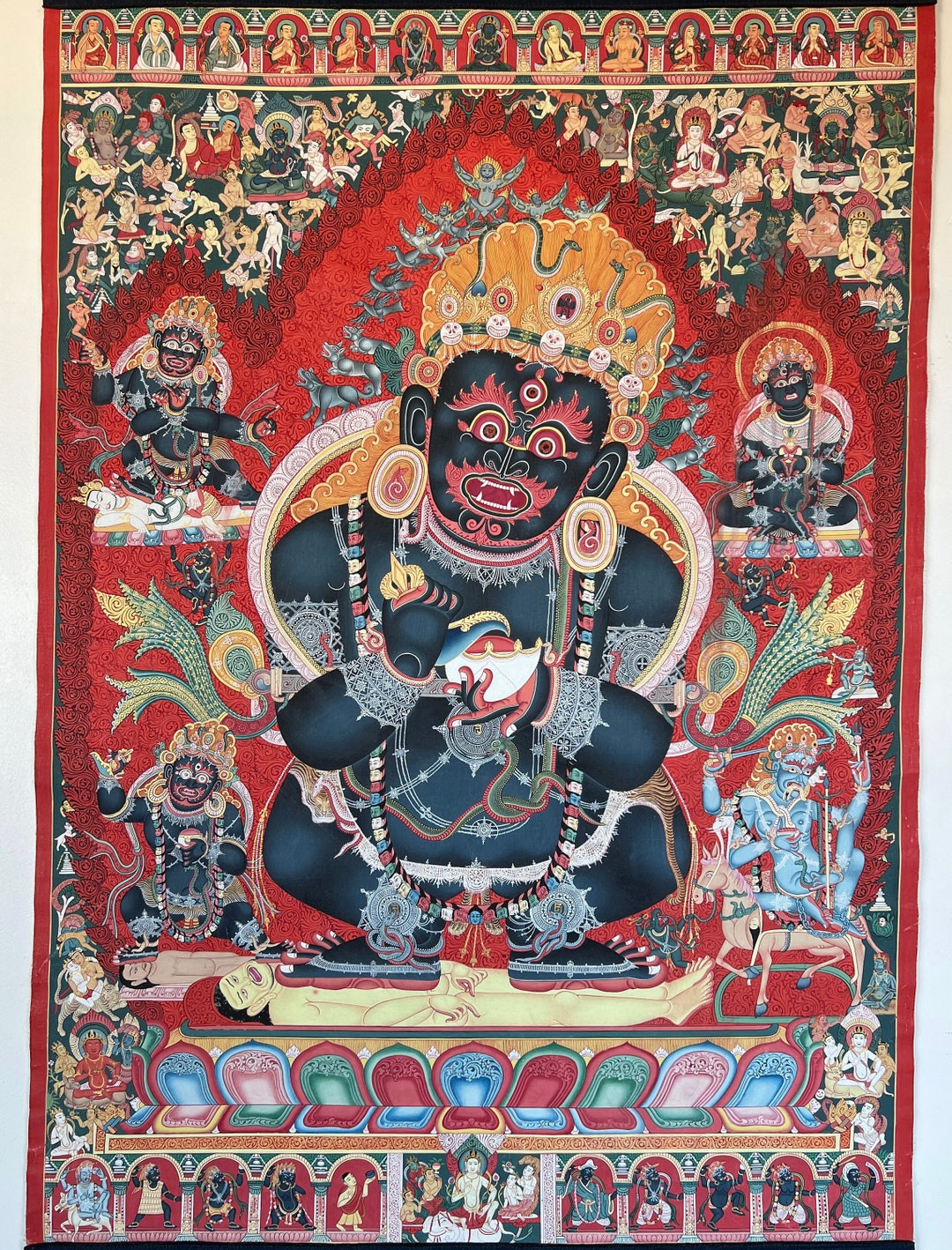 ヴィンテージ マハーカーラ タンカ：チベット仏教守護神絵画（58 x 83